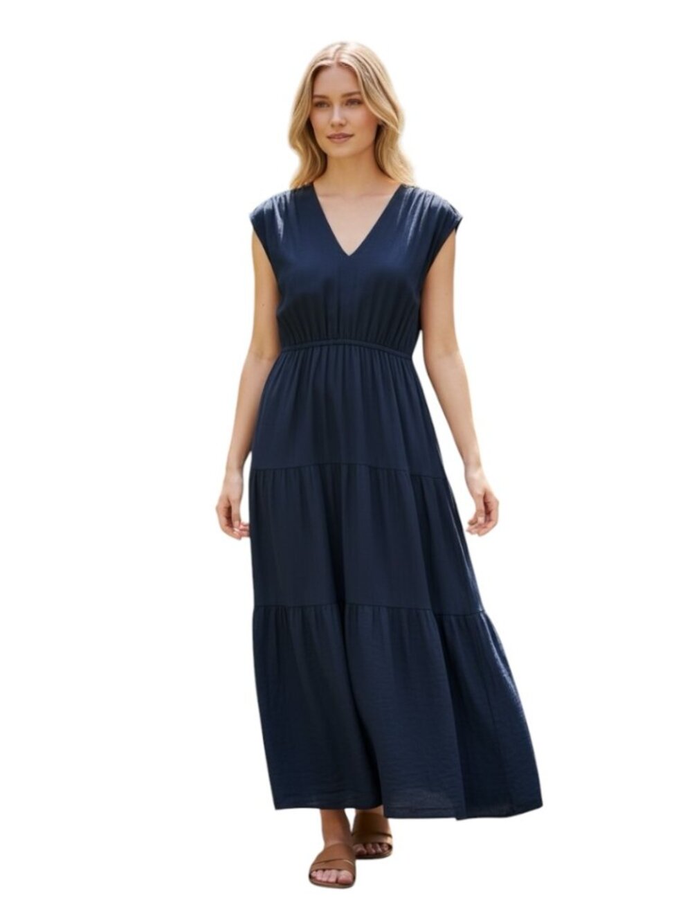 Fucsia Italy Linen Maxi Dress Womens M Blue Sleeveless Tiered V Neck
